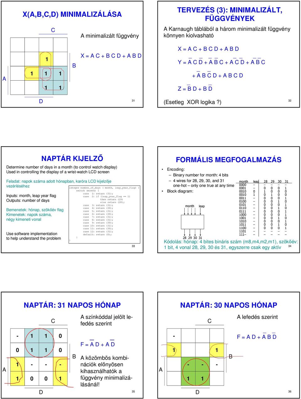 vezérléséhez Inputs: month, leap year flag Outputs: number of days emenetek: hónap, szökıév flag Kimenetek: napok száma, négy kimeneti vonal Use software implementation to help understand the problem