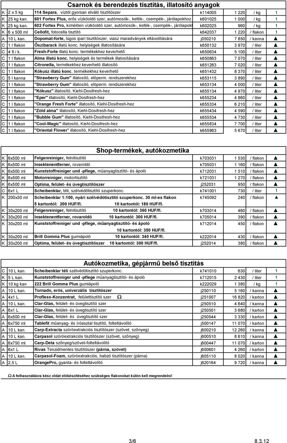 602 Fortex Pro, kímélöen vízköoldó szer, autómosók-, kefék-, csempék-, járólapokhoz k602025 960 / kg 1 K 6 x 500 ml ellofit, fotocella tisztító k642037 1 220 / flakon 1 A 10 L kan.
