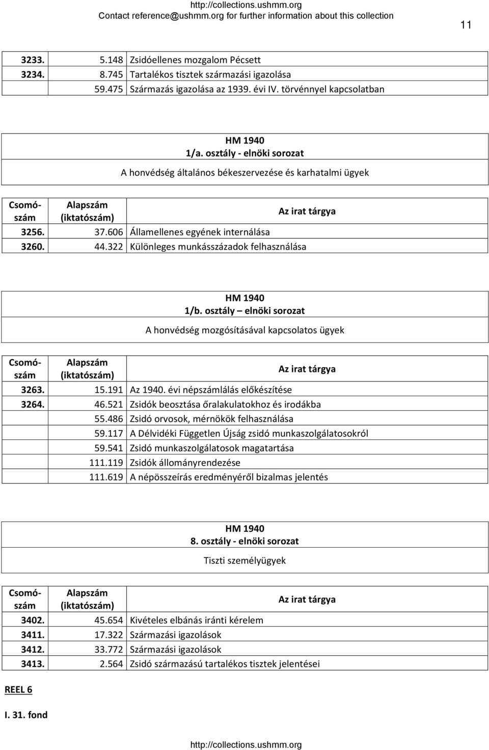 osztály elnöki sorozat A honvédség mozgósításával kapcsolatos ügyek 3263. 15.191 Az 1940. évi népszámlálás előkészítése 3264. 46.521 Zsidók beosztása őralakulatokhoz és irodákba 55.