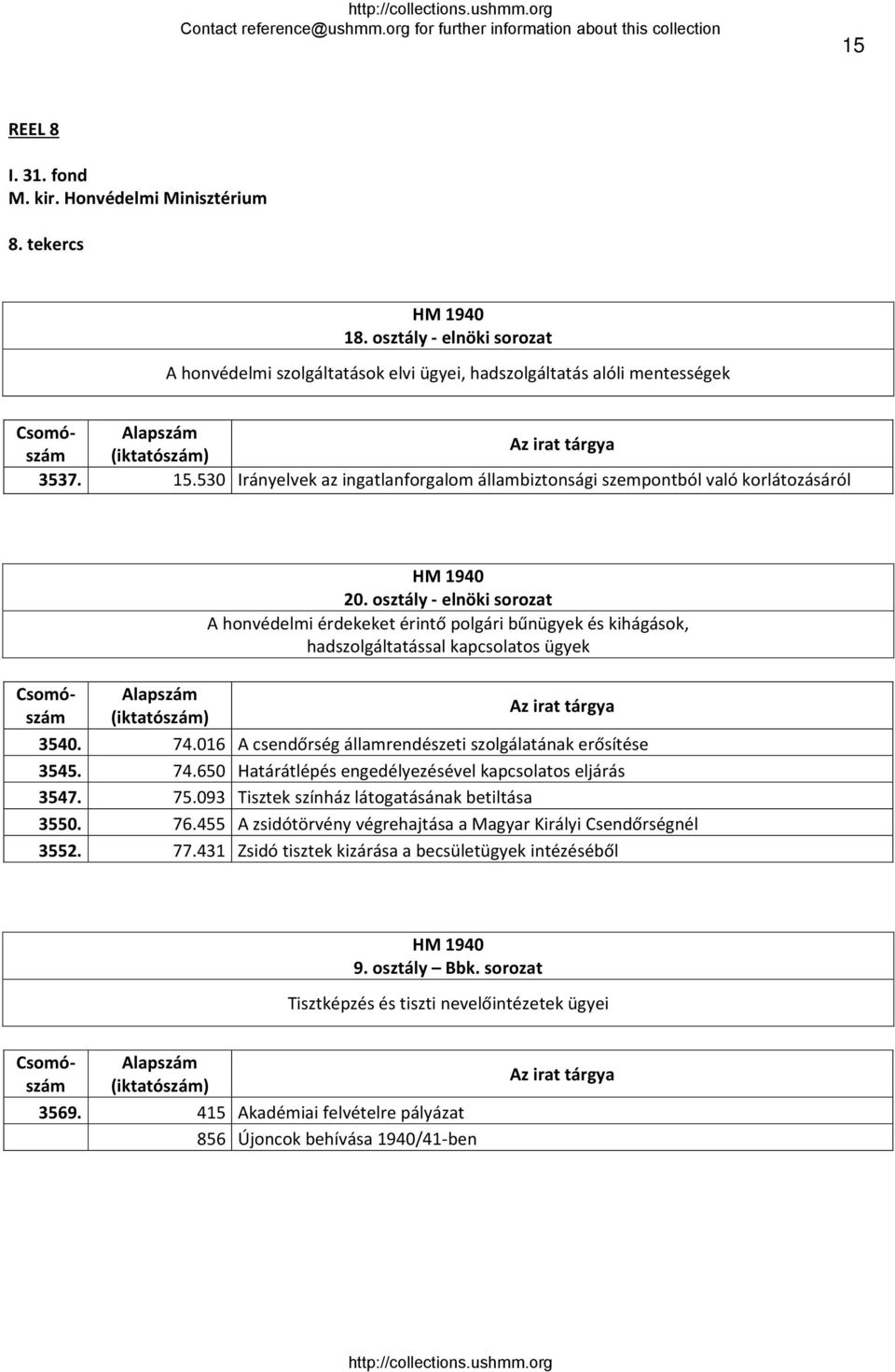 75.093 Tisztek színház látogatásának betiltása 3550. 76.455 A zsidótörvény végrehajtása a Magyar Királyi Csendőrségnél 3552. 77.431 Zsidó tisztek kizárása a becsületügyek intézéséből HM 1940 9.