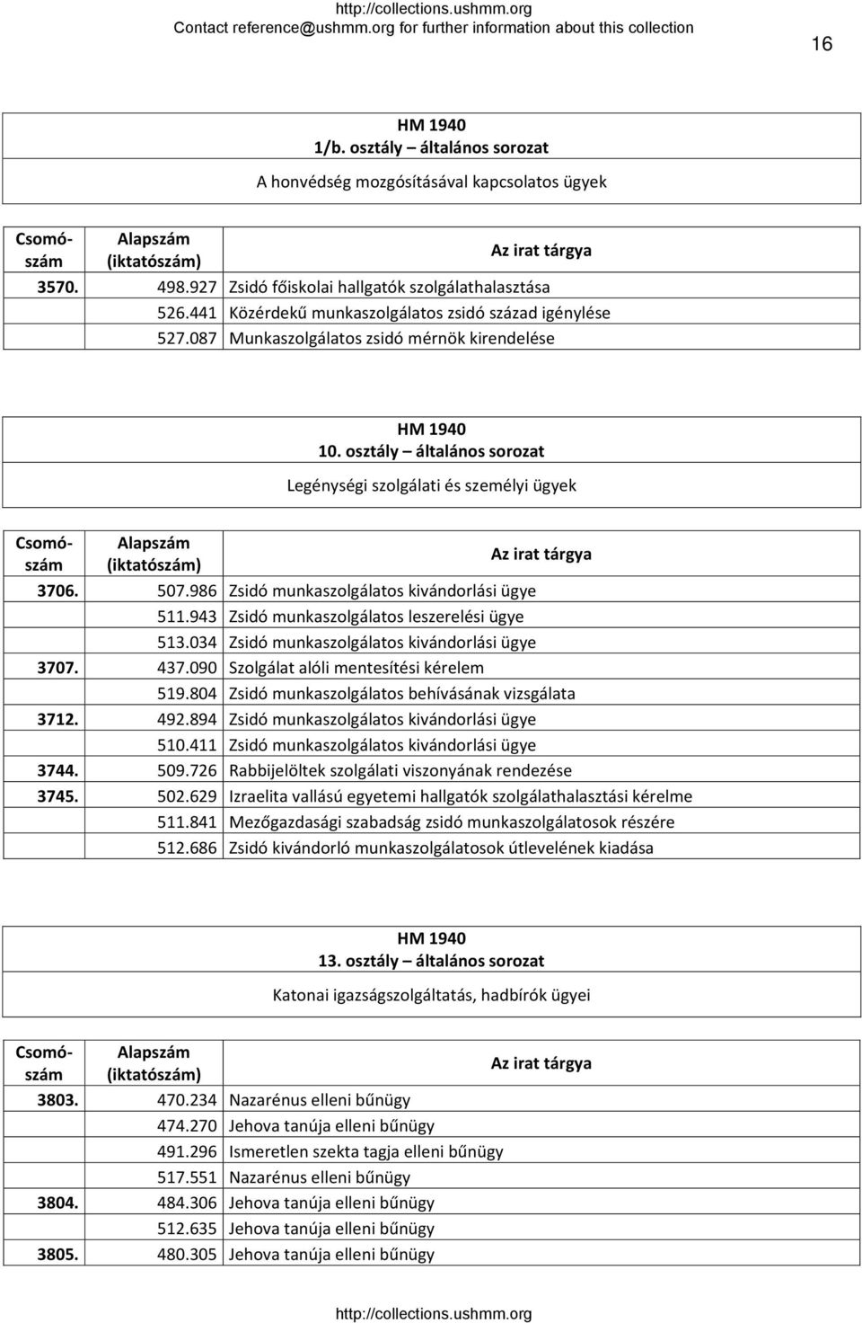 986 Zsidó munkaszolgálatos kivándorlási ügye 511.943 Zsidó munkaszolgálatos leszerelési ügye 513.034 Zsidó munkaszolgálatos kivándorlási ügye 3707. 437.090 Szolgálat alóli mentesítési kérelem 519.