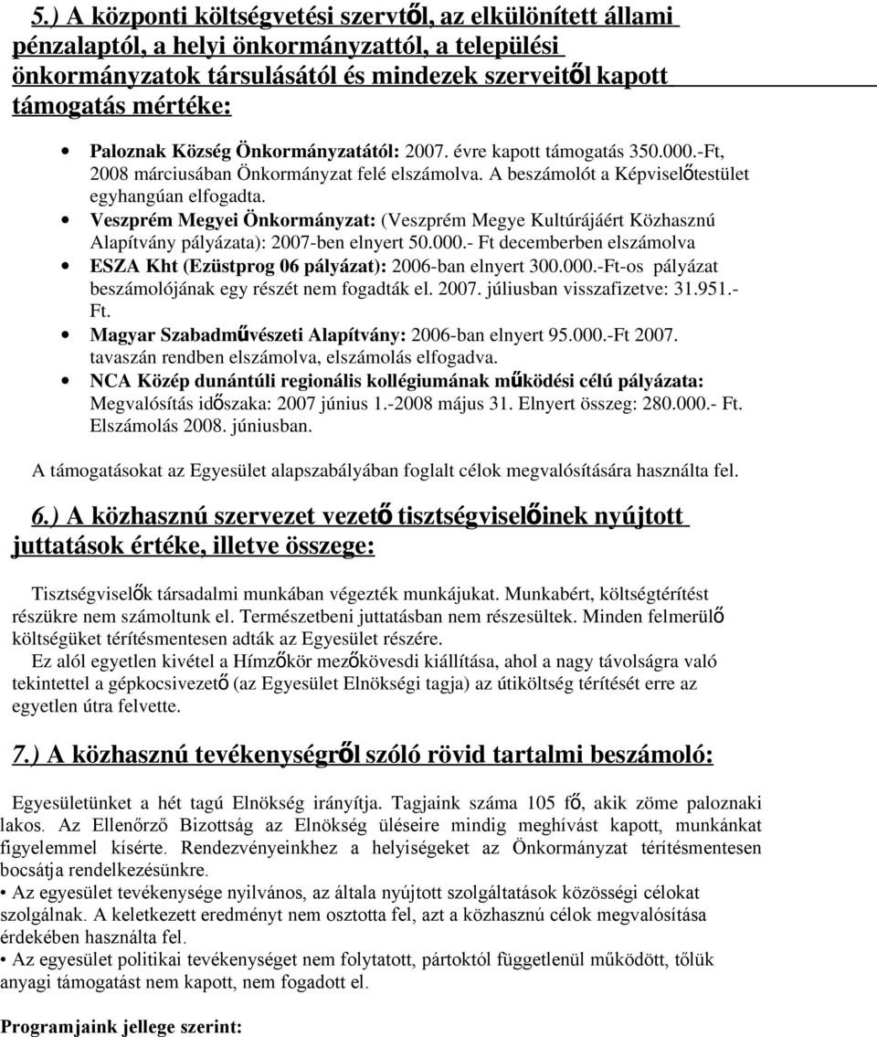 Veszprém Megyei Önkormányzat: (Veszprém Megye Kultúrájáért Közhasznú Alapítvány pályázata): 2007-ben elnyert 50.000.- Ft decemberben elszámolva ESZA Kht (Ezüstprog 06 pályázat): 2006-ban elnyert 300.