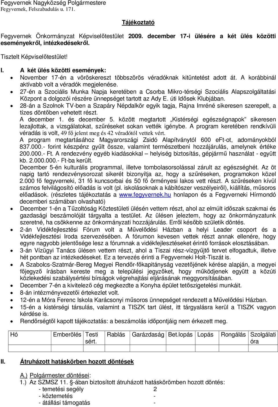 A két ülés közötti események: November 17-én a vöröskereszt többszörös véradóknak kitüntetést adott át. A korábbinál aktívabb volt a véradók megjelenése.