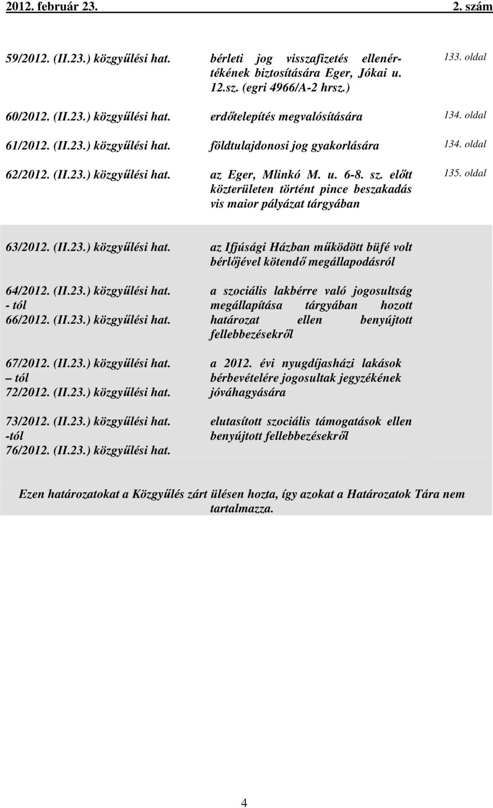 előtt közterületen történt pince beszakadás vis maior pályázat tárgyában 135. oldal 63/2012. (II.23.) közgyűlési hat. az Ifjúsági Házban működött büfé volt bérlőjével kötendő megállapodásról 64/2012.