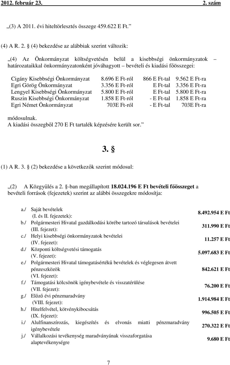 (4) bekezdése az alábbiak szerint változik: (4) Az Önkormányzat költségvetésén belül a kisebbségi önkormányzatok határozataikkal önkormányzatonként jóváhagyott bevételi és kiadási főösszegei: Cigány