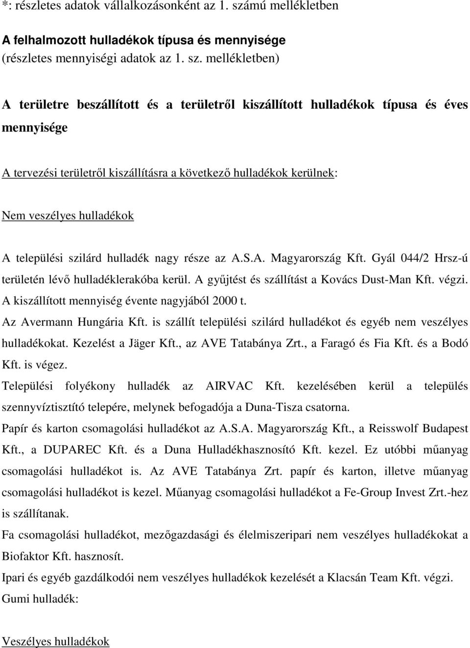 mellékletben) A területre beszállított és a területrıl kiszállított hulladékok típusa és éves mennyisége A tervezési területrıl kiszállításra a következı hulladékok kerülnek: Nem veszélyes hulladékok