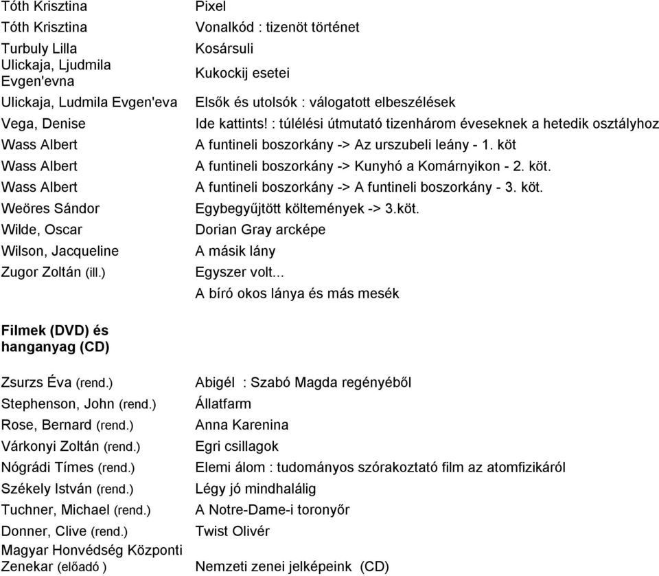 : túlélési útmutató tizenhárom éveseknek a hetedik osztályhoz A funtineli boszorkány -> Az urszubeli leány - 1. köt A funtineli boszorkány -> Kunyhó a Komárnyikon - 2. köt. A funtineli boszorkány -> A funtineli boszorkány - 3.