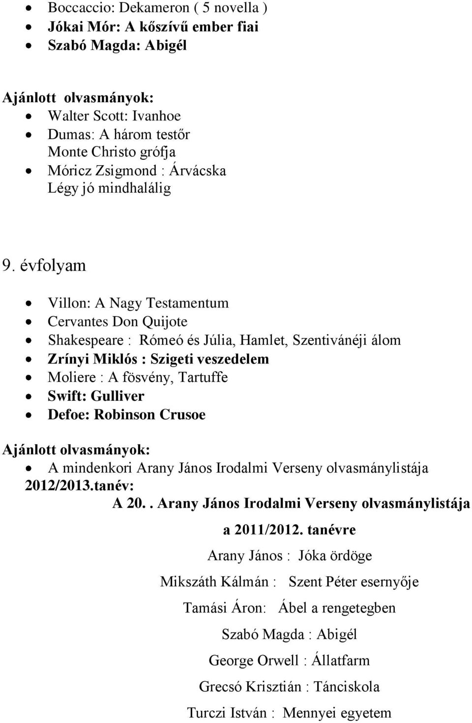 évfolyam Villon: A Nagy Testamentum Cervantes Don Quijote Shakespeare : Rómeó és Júlia, Hamlet, Szentivánéji álom Zrínyi Miklós : Szigeti veszedelem Moliere : A fösvény, Tartuffe Swift: