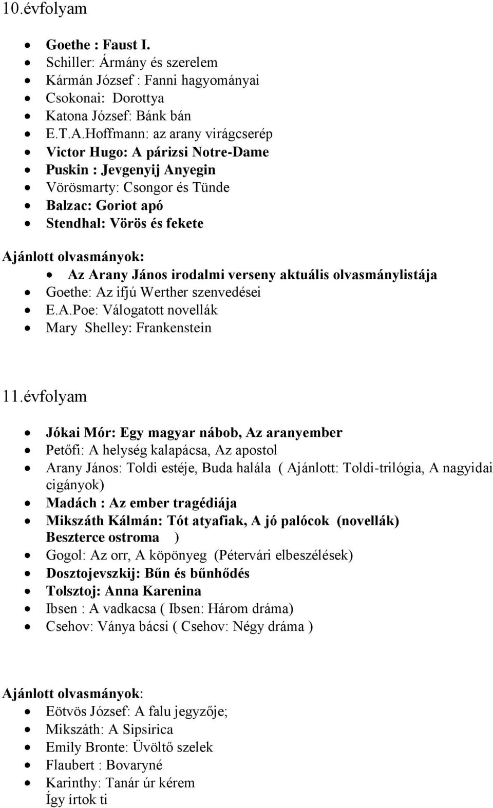 aktuális olvasmánylistája Goethe: Az ifjú Werther szenvedései E.A.Poe: Válogatott novellák Mary Shelley: Frankenstein 11.