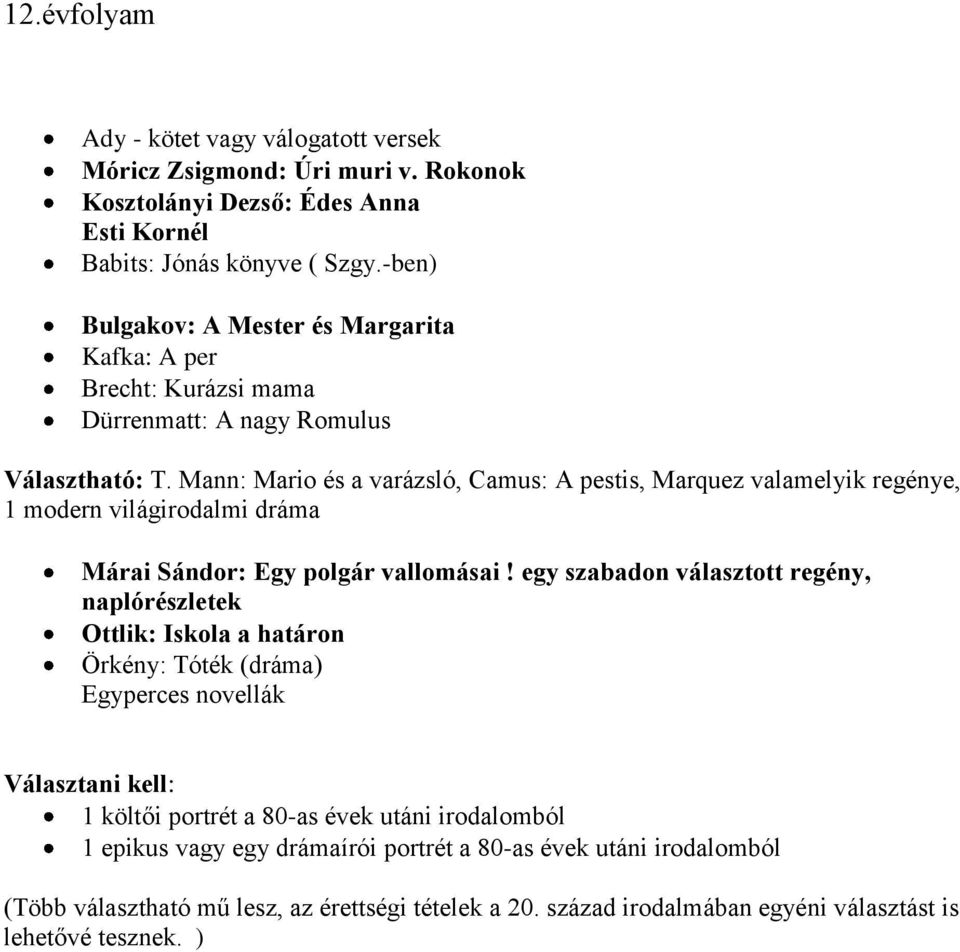 Mann: Mario és a varázsló, Camus: A pestis, Marquez valamelyik regénye, 1 modern világirodalmi dráma Márai Sándor: Egy polgár vallomásai!