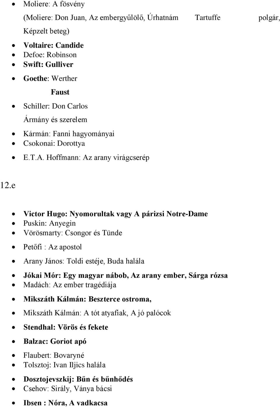 e Victor Hugo: Nyomorultak vagy A párizsi Notre-Dame Puskin: Anyegin Vörösmarty: Csongor és Tünde Petőfi : Az apostol Arany János: Toldi estéje, Buda halála Jókai Mór: Egy magyar nábob, Az arany