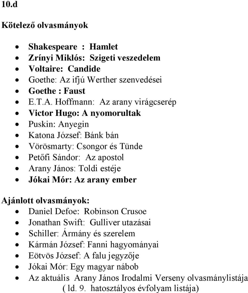Hoffmann: Az arany virágcserép Victor Hugo: A nyomorultak Puskin: Anyegin Katona József: Bánk bán Vörösmarty: Csongor és Tünde Petőfi Sándor: Az apostol Arany