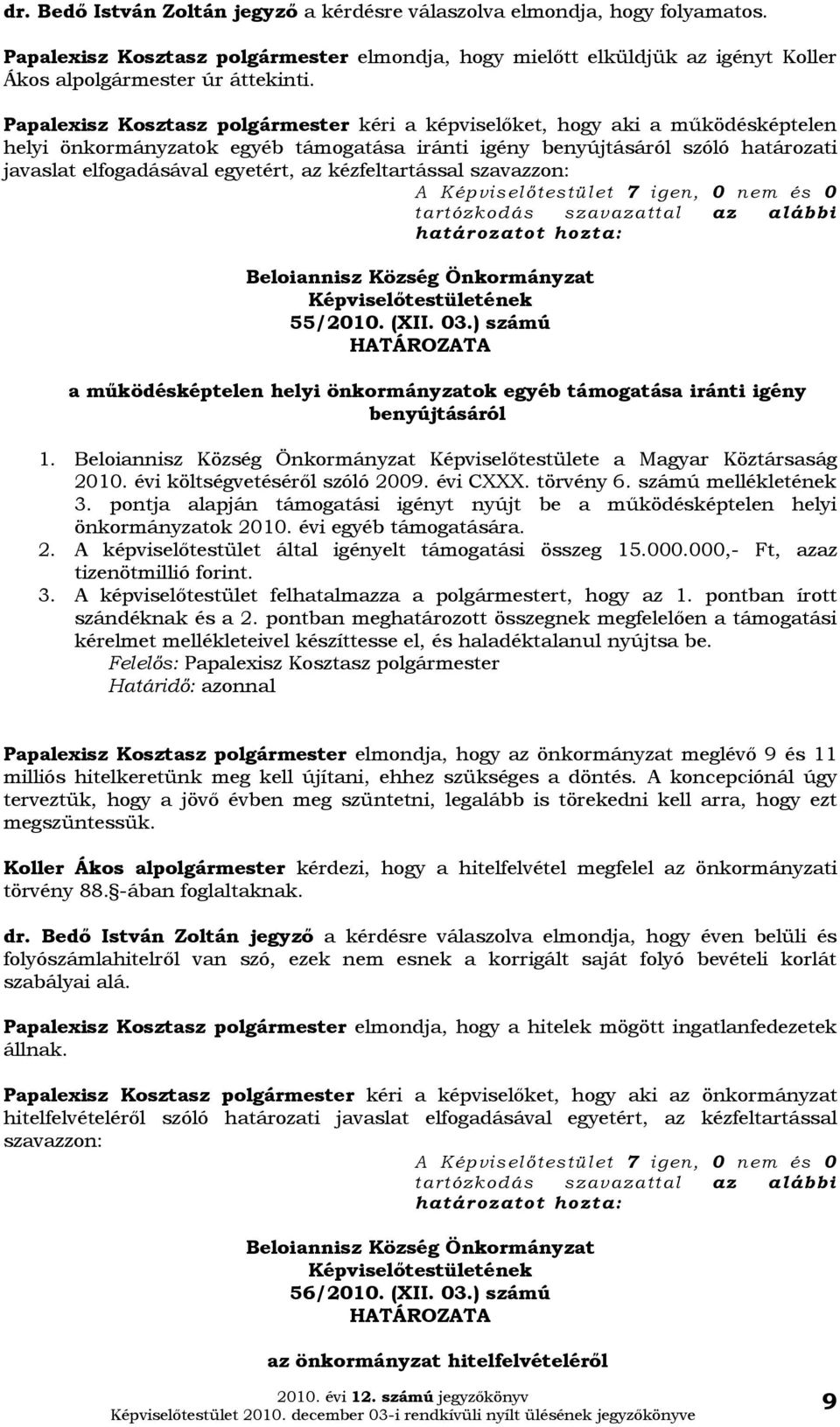 kézfeltartással szavazzon: 55/2010. (XII. 03.) számú A a működésképtelen helyi önkormányzatok egyéb támogatása iránti igény benyújtásáról 1. Képviselőtestülete a Magyar Köztársaság 2010.