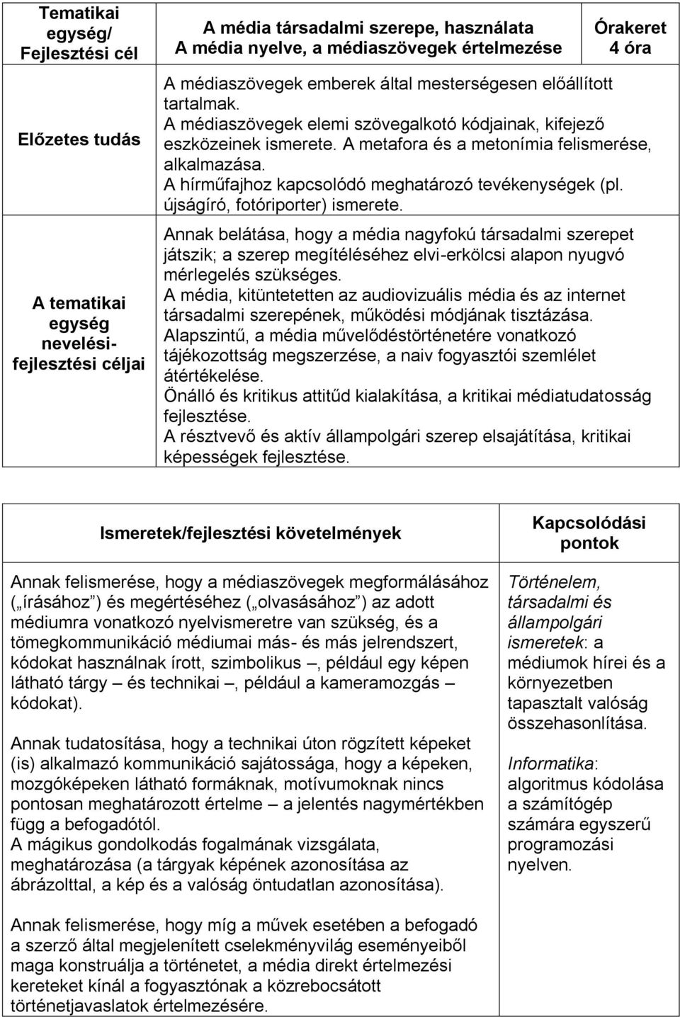 újságíró, fotóriporter) ismerete. Annak belátása, hogy a média nagyfokú társadalmi szerepet játszik; a szerep megítéléséhez elvi-erkölcsi alapon nyugvó mérlegelés szükséges.