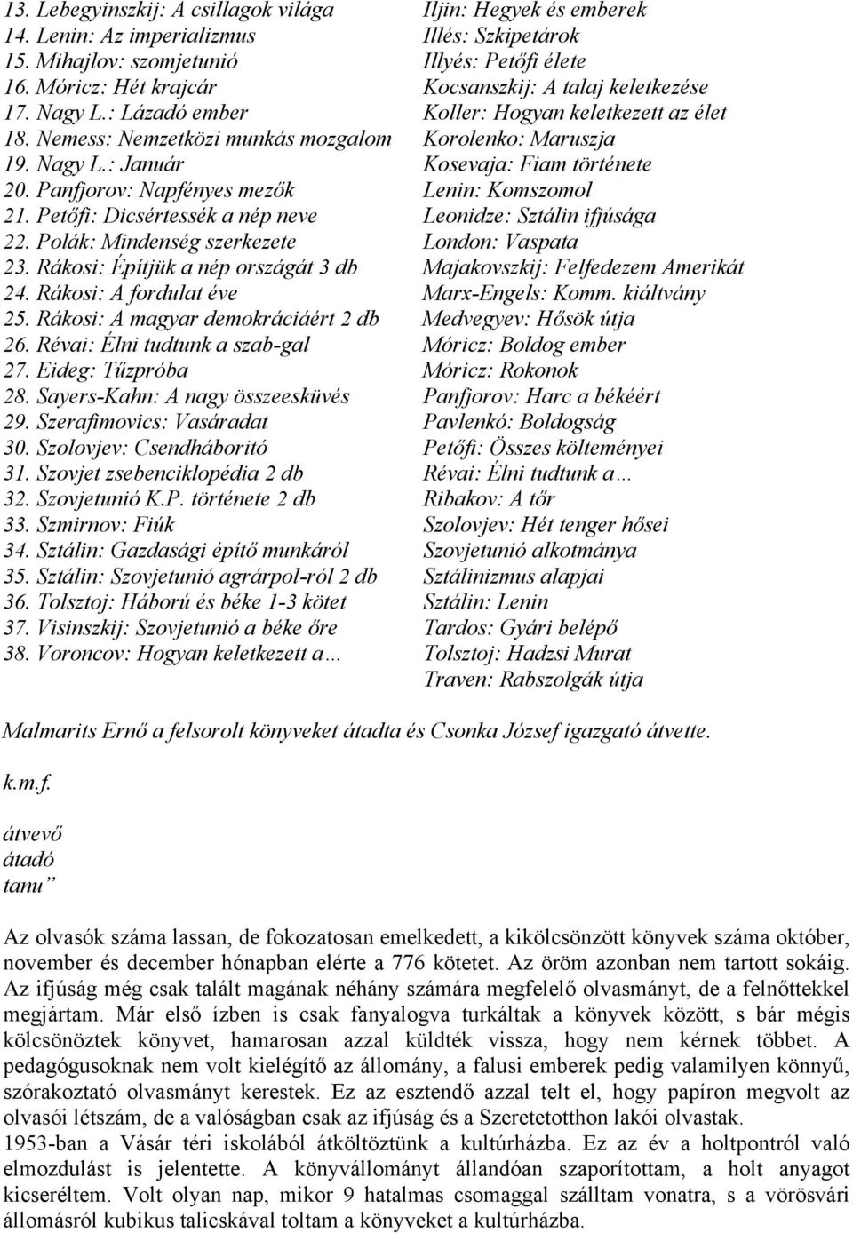 Panfjorov: Napfényes mezők Lenin: Komszomol 21. Petőfi: Dicsértessék a nép neve Leonidze: Sztálin ifjúsága 22. Polák: Mindenség szerkezete London: Vaspata 23.