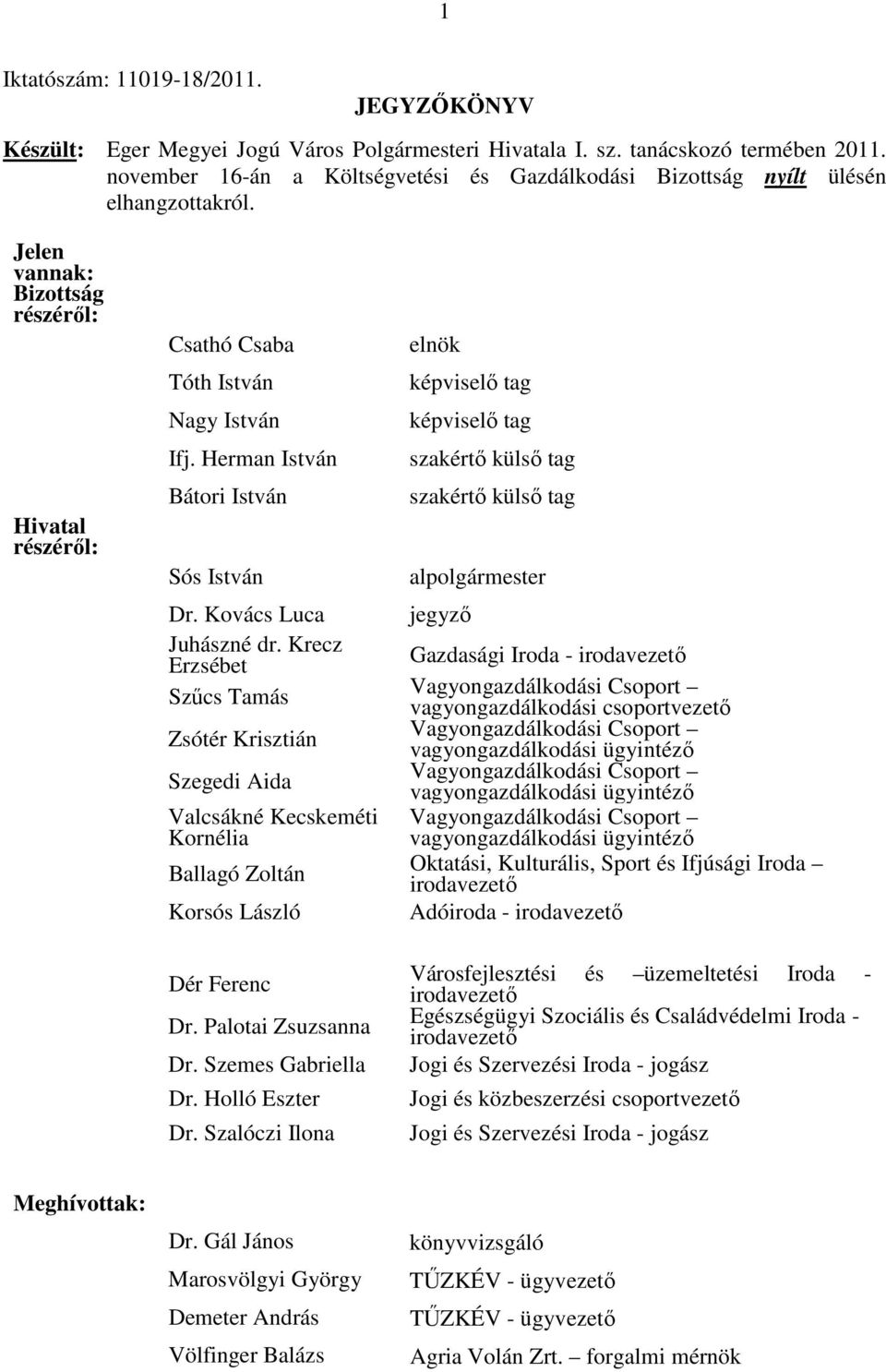 Kovács Luca Juhászné dr. Krecz Erzsébet Szűcs Tamás Zsótér Krisztián Szegedi Aida Valcsákné Kecskeméti Kornélia Ballagó Zoltán Korsós László Dér Ferenc Dr. Palotai Zsuzsanna Dr. Szemes Gabriella Dr.