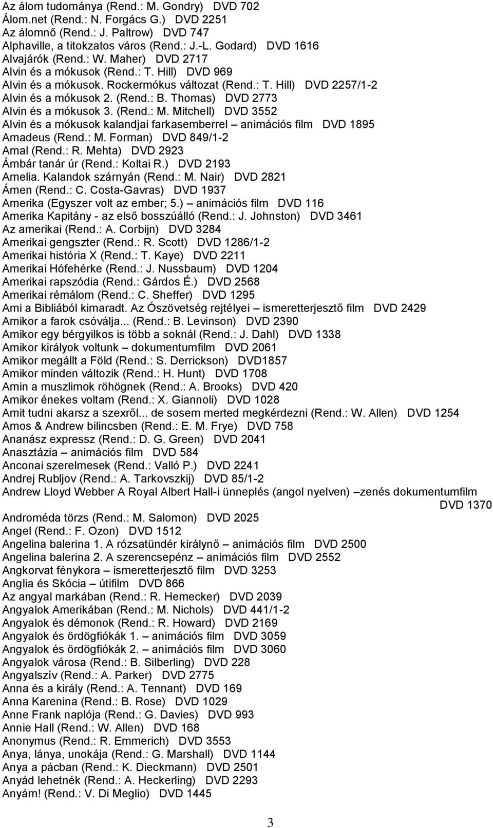 Thomas) DVD 2773 Alvin és a mókusok 3. (Rend.: M. Mitchell) DVD 3552 Alvin és a mókusok kalandjai farkasemberrel animációs film DVD 1895 Amadeus (Rend.: M. Forman) DVD 849/1-2 Amal (Rend.: R.