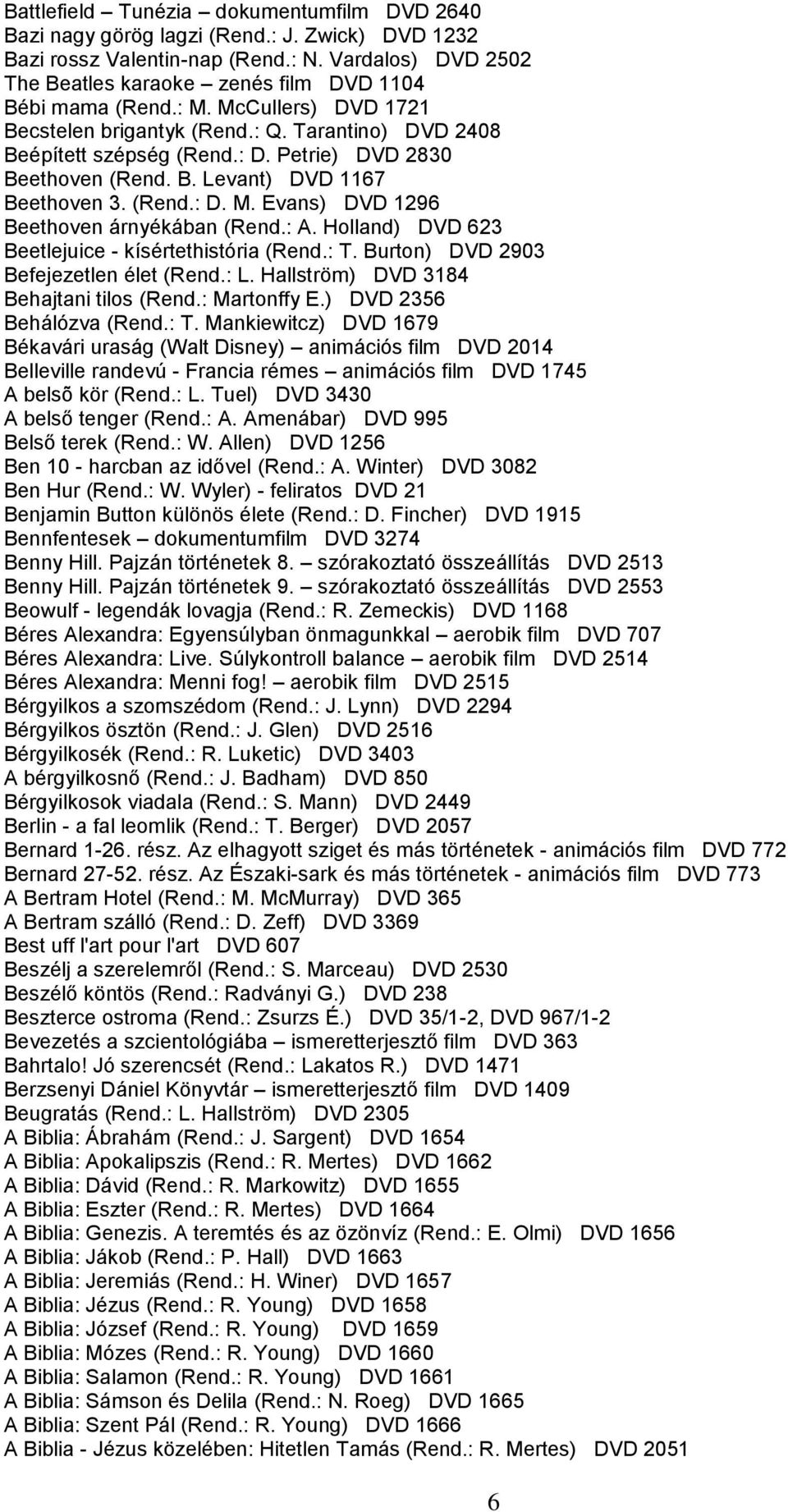 Petrie) DVD 2830 Beethoven (Rend. B. Levant) DVD 1167 Beethoven 3. (Rend.: D. M. Evans) DVD 1296 Beethoven árnyékában (Rend.: A. Holland) DVD 623 Beetlejuice - kísértethistória (Rend.: T.