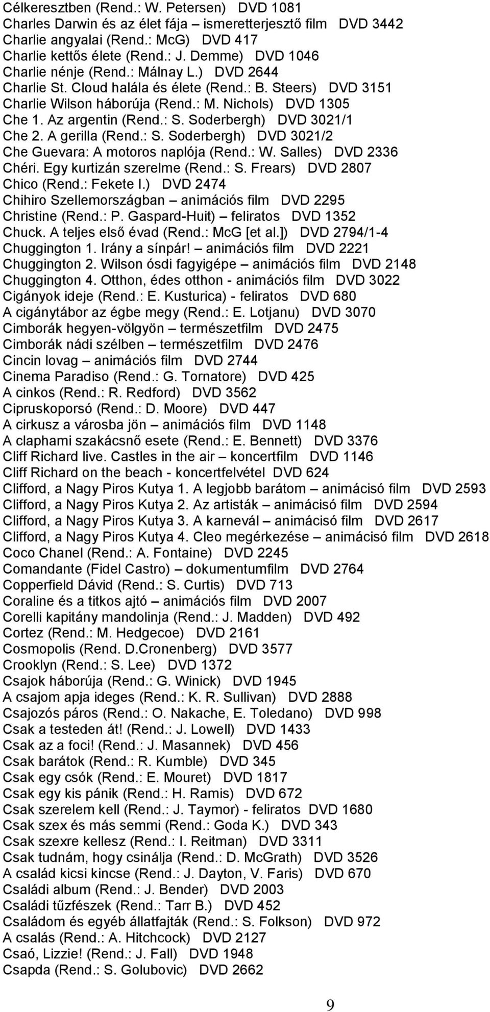 : S. Soderbergh) DVD 3021/1 Che 2. A gerilla (Rend.: S. Soderbergh) DVD 3021/2 Che Guevara: A motoros naplója (Rend.: W. Salles) DVD 2336 Chéri. Egy kurtizán szerelme (Rend.: S. Frears) DVD 2807 Chico (Rend.