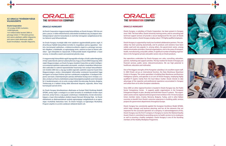ORACLE HUNGARY Az Oracle Corporation magyarországi leányvállalata, az Oracle Hungary 1993 óta van jelen a piacon.