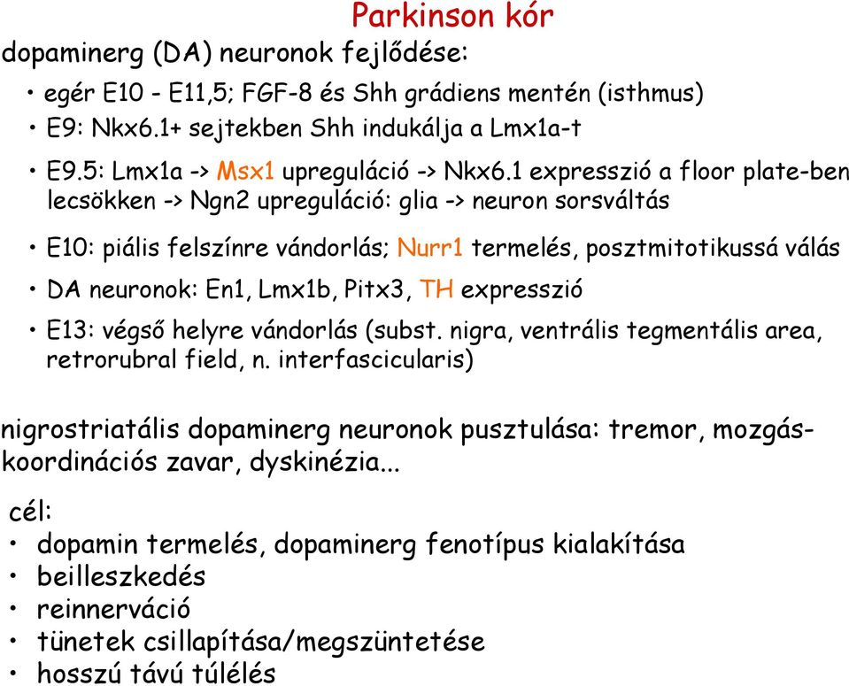 1 expresszió a floor plate-ben lecsökken -> Ngn2 upreguláció: glia -> neuron sorsváltás E10: piális felszínre vándorlás; Nurr1 termelés, posztmitotikussá válás DA neuronok: En1, Lmx1b,