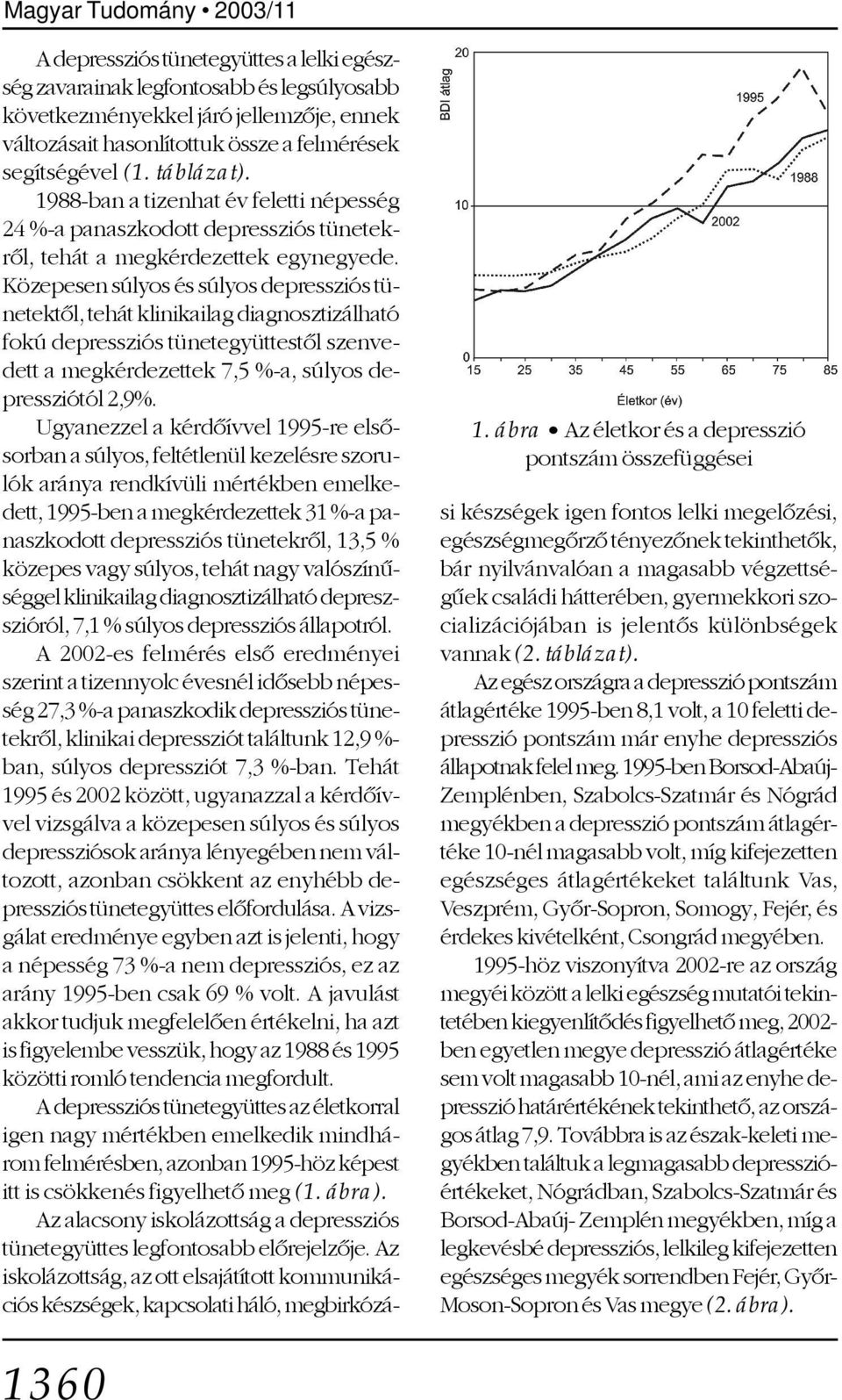 hasonlítottuk össze a felmérések segítségével (1. táblázat). 1988-ban a tizenhat év feletti népesség 24 %-a panaszkodott depressziós tünetekrõl, tehát a megkérdezettek egynegyede.