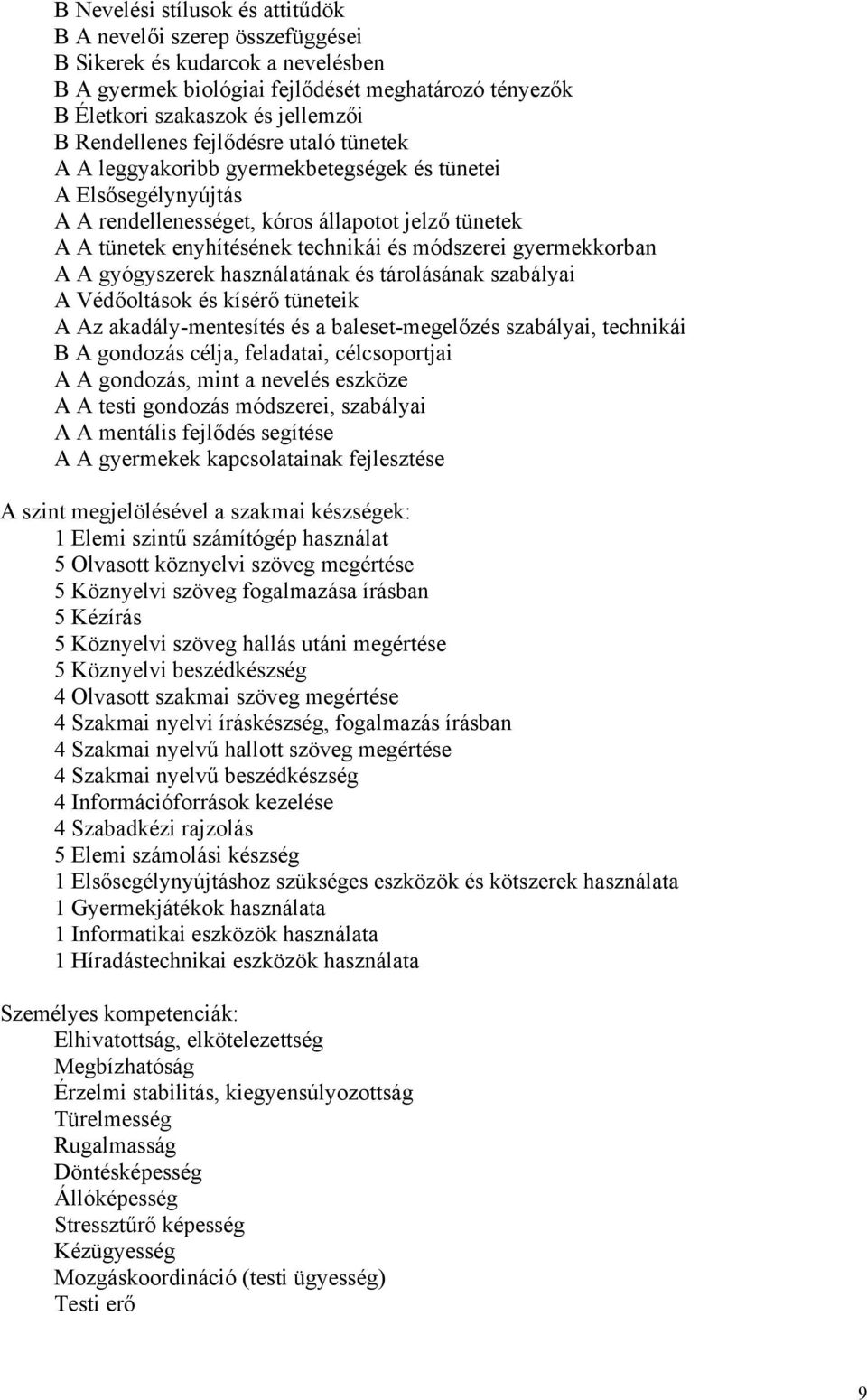 módszerei gyermekkorban A A gyógyszerek használatának és tárolásának szabályai A Védőoltások és kísérő tüneteik A Az akadály-mentesítés és a baleset-megelőzés szabályai, technikái B A gondozás célja,