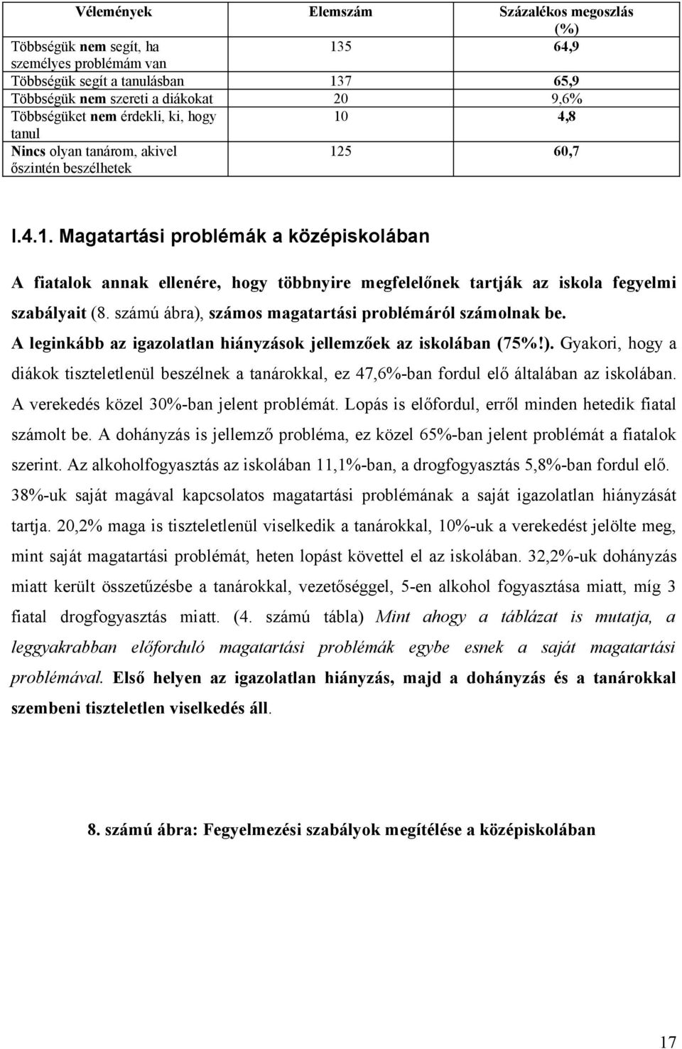 számú ábra), számos magatartási problémáról számolnak be. A leginkább az igazolatlan hiányzások jellemzőek az iskolában (75%!). Gyakori, hogy a diákok tiszteletlenül beszélnek a tanárokkal, ez 47,6%-ban fordul elő általában az iskolában.