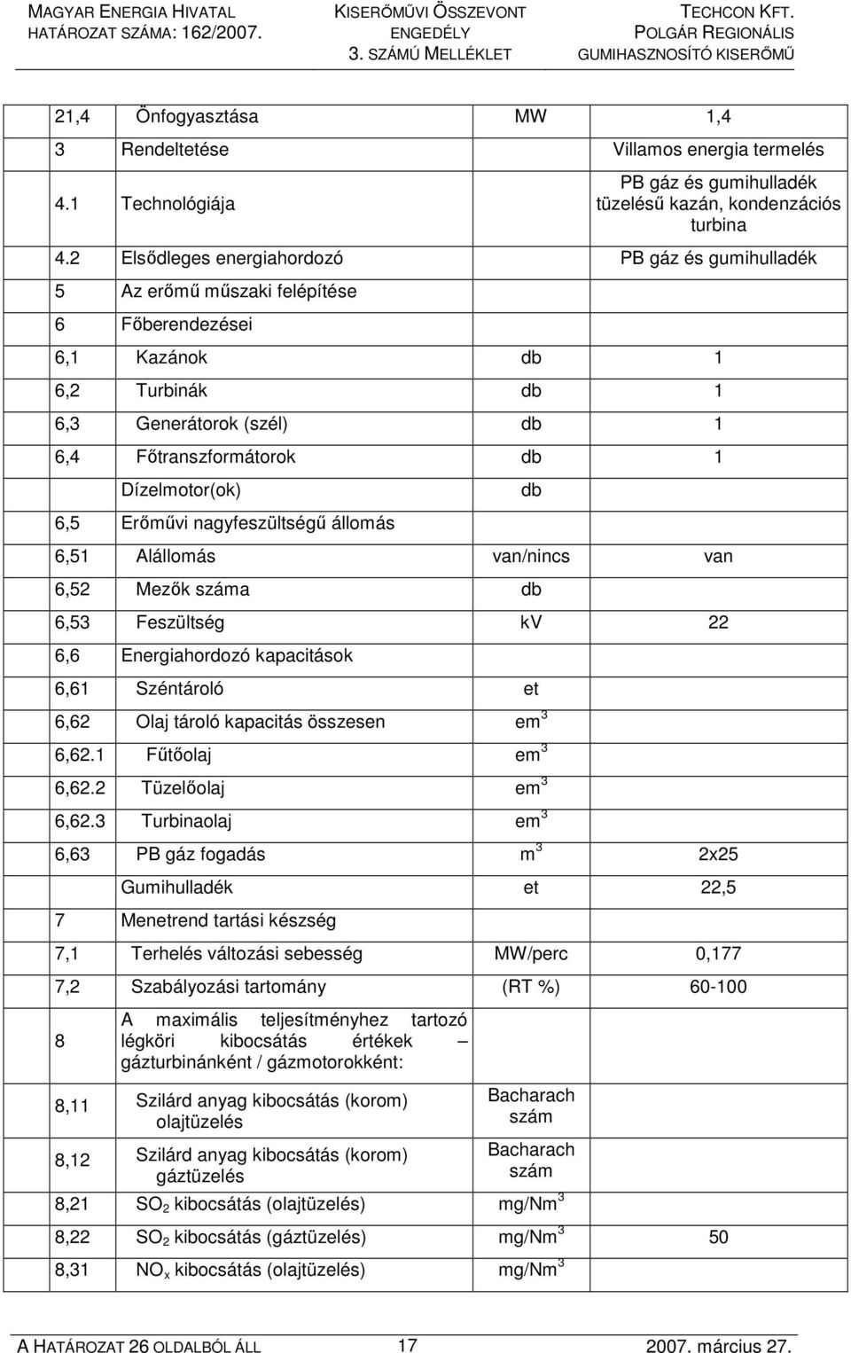 Dízelmotor(ok) db 6,5 Erımővi nagyfeszültségő állomás 6,51 Alállomás van/nincs van 6,52 Mezık száma db 6,53 Feszültség kv 22 6,6 Energiahordozó kapacitások 6,61 Széntároló et 6,62 Olaj tároló