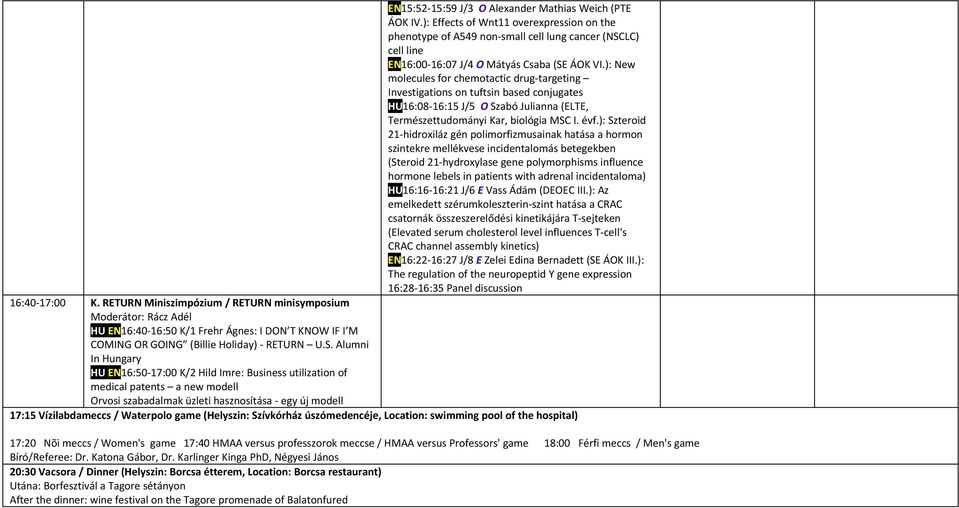 ): New molecules for chemotactic drug-targeting Investigations on tuftsin based conjugates HU16:08-16:15 J/5 O Szabó Julianna (ELTE, Természettudományi Kar, biológia MSC I. évf.