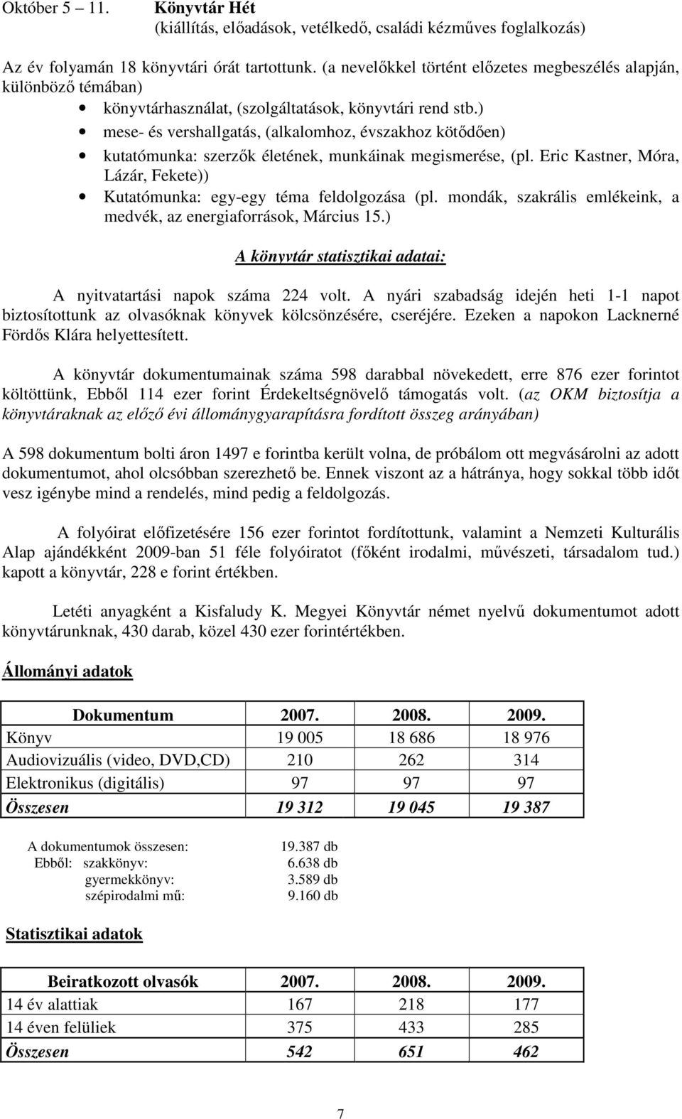 ) mese- és vershallgatás, (alkalomhoz, évszakhoz kötıdıen) kutatómunka: szerzık életének, munkáinak megismerése, (pl. Eric Kastner, Móra, Lázár, Fekete)) Kutatómunka: egy-egy téma feldolgozása (pl.