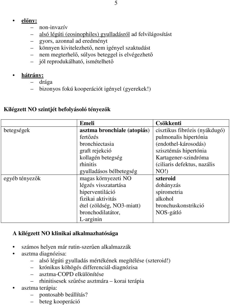 ) Kilégzett NO szintjét befolyásoló tényezık betegségek egyéb tényezık Emeli asztma bronchiale (atopiás) fertızés bronchiectasia graft rejekció kollagén betegség rhinitis gyulladásos bélbetegség