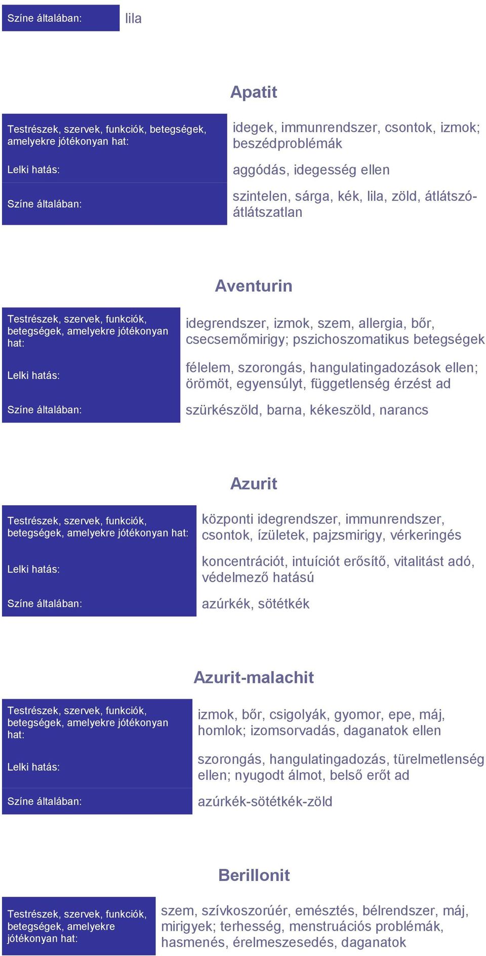 érzést ad szürkészöld, barna, kékeszöld, narancs Azurit betegségek, amelyekre jótékonyan központi idegrendszer, immunrendszer, csontok, ízületek, pajzsmirigy, vérkeringés koncentrációt, intuíciót