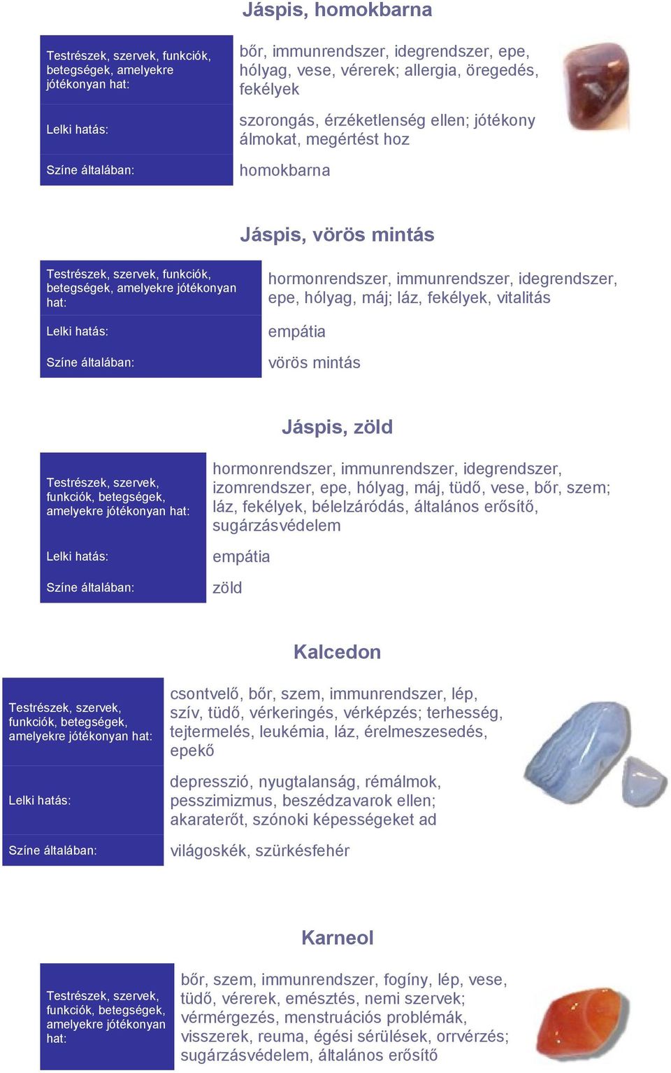 zöld amelyekre jótékonyan hormonrendszer, immunrendszer, idegrendszer, izomrendszer, epe, hólyag, máj, tüdő, vese, bőr, szem; láz, fekélyek, bélelzáródás, általános erősítő, sugárzásvédelem empátia