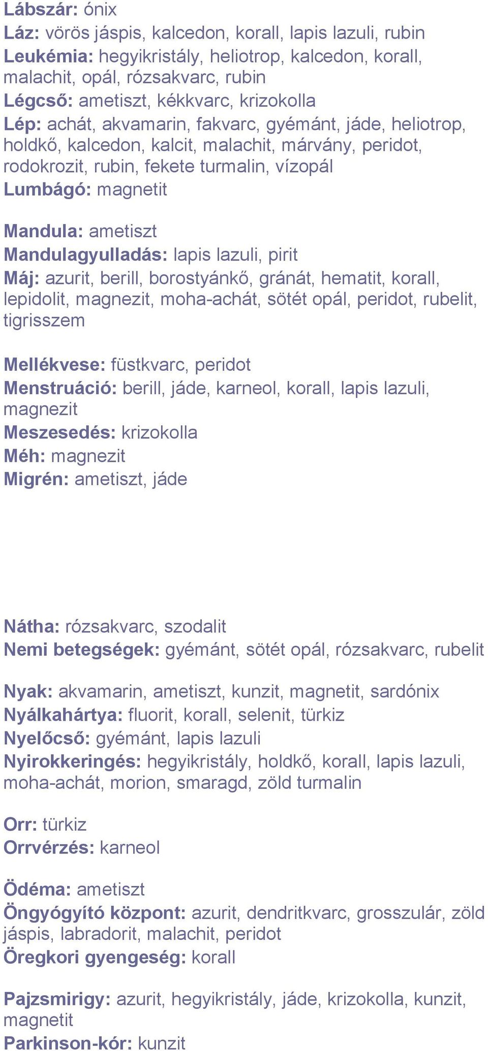 Mandulagyulladás: lapis lazuli, pirit Máj: azurit, berill, borostyánkő, gránát, hematit, korall, lepidolit, magnezit, moha-achát, sötét opál, peridot, rubelit, tigrisszem Mellékvese: füstkvarc,