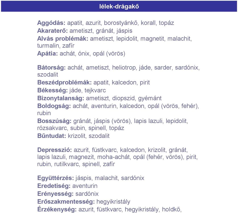 Boldogság: achát, aventurin, kalcedon, opál (vörös, fehér), rubin Bosszúság: gránát, jáspis (vörös), lapis lazuli, lepidolit, rózsakvarc, subin, spinell, topáz Bűntudat: krizolit, szodalit