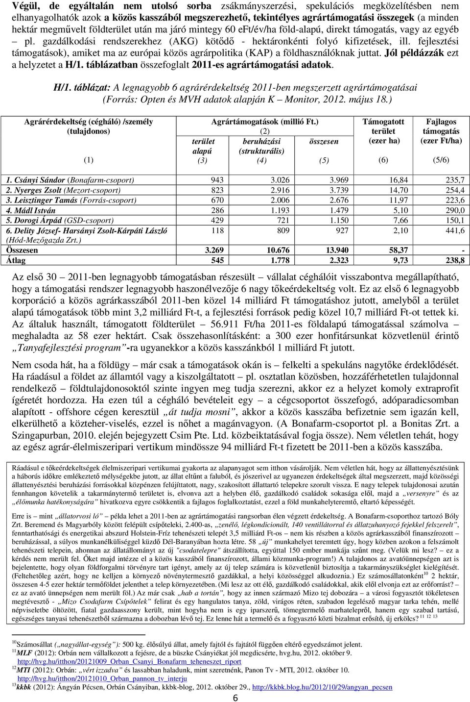 fejlesztési támogatások), amiket ma az európai közös agrárpolitika (KAP) a földhasználóknak juttat. Jól példázzák ezt a helyzetet a H/1.