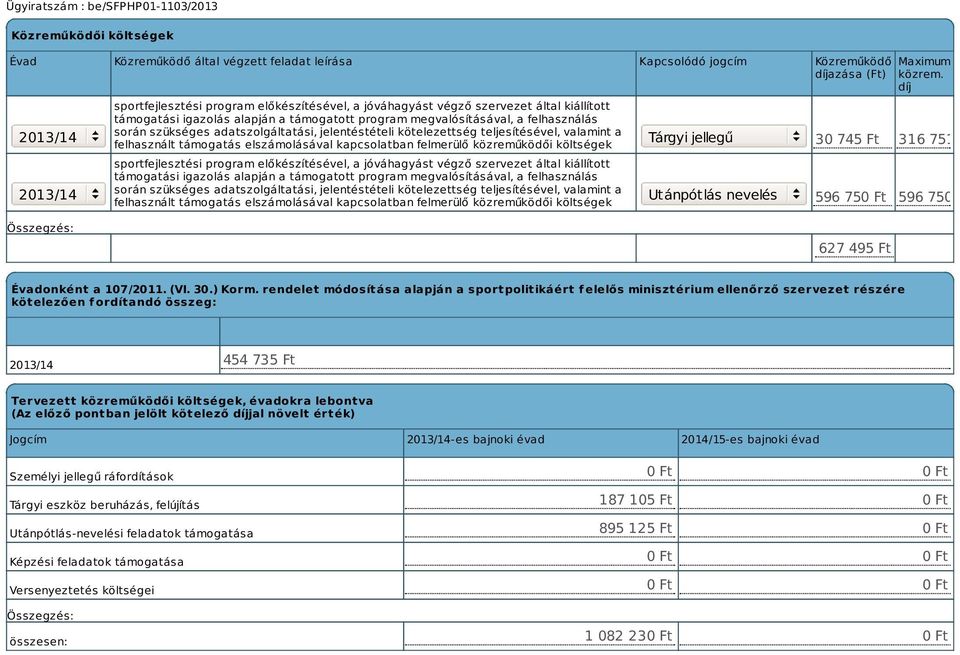 felhasznált támogatás elszámolásával kapcsolatban felmerülő közreműködői költségek sportfejlesztési program előkészítésével, a jóváhagyást végző  felhasznált támogatás elszámolásával kapcsolatban