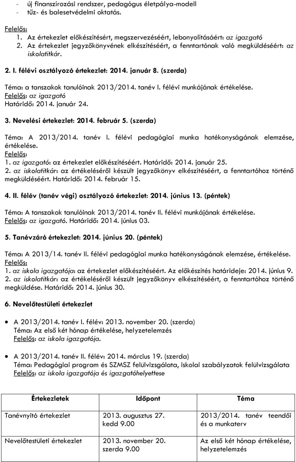 tanév I. félévi munkájának értékelése. Felelős: az igazgató Határidő: 2014. január 24. 3. Nevelési értekezlet: 2014. február 5. (szerda) Téma: A 2013/2014. tanév I.