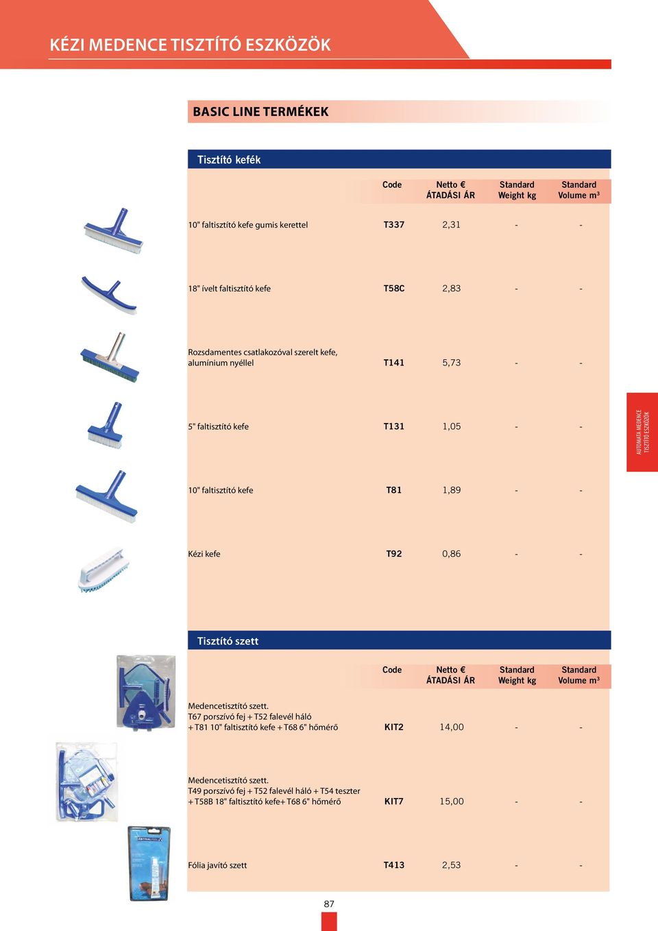 kefe T81 1,89 - - Kézi kefe T92 0,86 - - Tisztító szett ÁTADÁSI ÁR Medencetisztító szett.