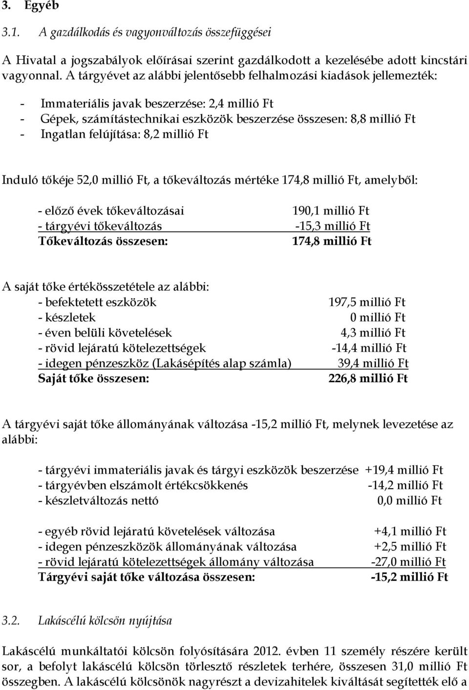 felújítása: 8,2 millió Ft Induló tőkéje 52,0 millió Ft, a tőkeváltozás mértéke 174,8 millió Ft, amelyből: - előző évek tőkeváltozásai 190,1 millió Ft - tárgyévi tőkeváltozás -15,3 millió Ft