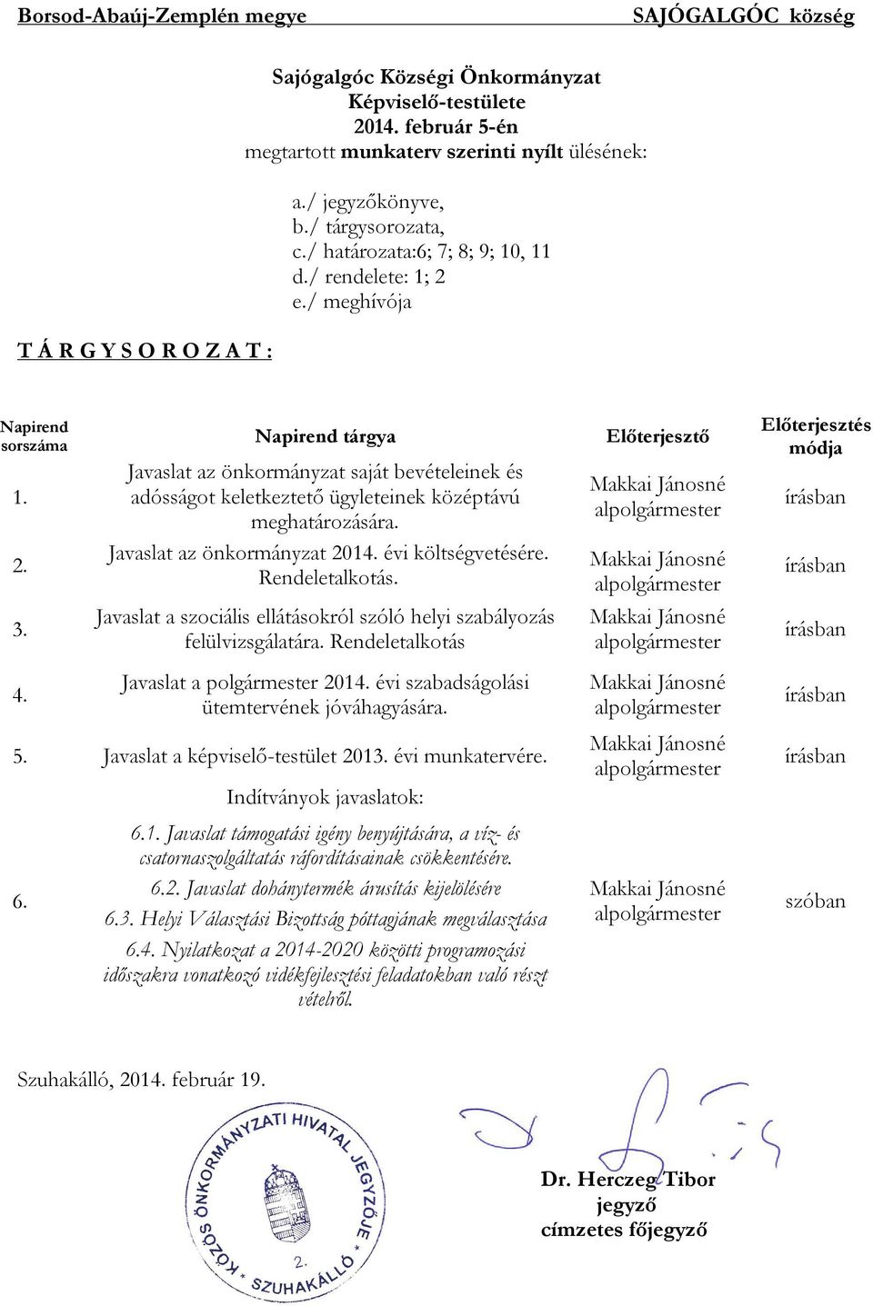 Napirend tárgya Javaslat az önkormányzat saját bevételeinek és adósságot keletkeztető ügyleteinek középtávú meghatározására. Javaslat az önkormányzat 2014. évi költségvetésére. Rendeletalkotás.