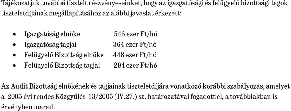 Bizottság elnöke 448 ezer Ft/hó Felügyelő Bizottság tagjai 294 ezer Ft/hó Az Audit Bizottság elnökének és tagjainak