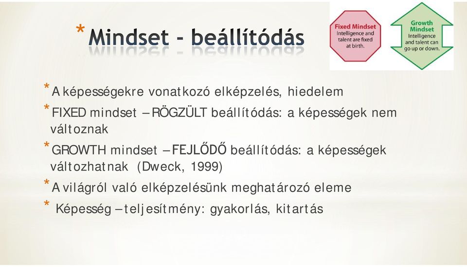 FEJLŐDŐ beállítódás: a képességek változhatnak (Dweck, 1999) *A