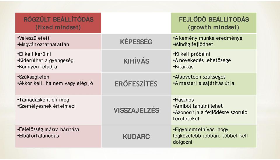 lehetősége Kitartás Alapvetően szükséges A mesteri elsajátítás útja Támadásként éli meg Személyesnek értelmezi Felelősség másra hárítása Elbátortalanodás