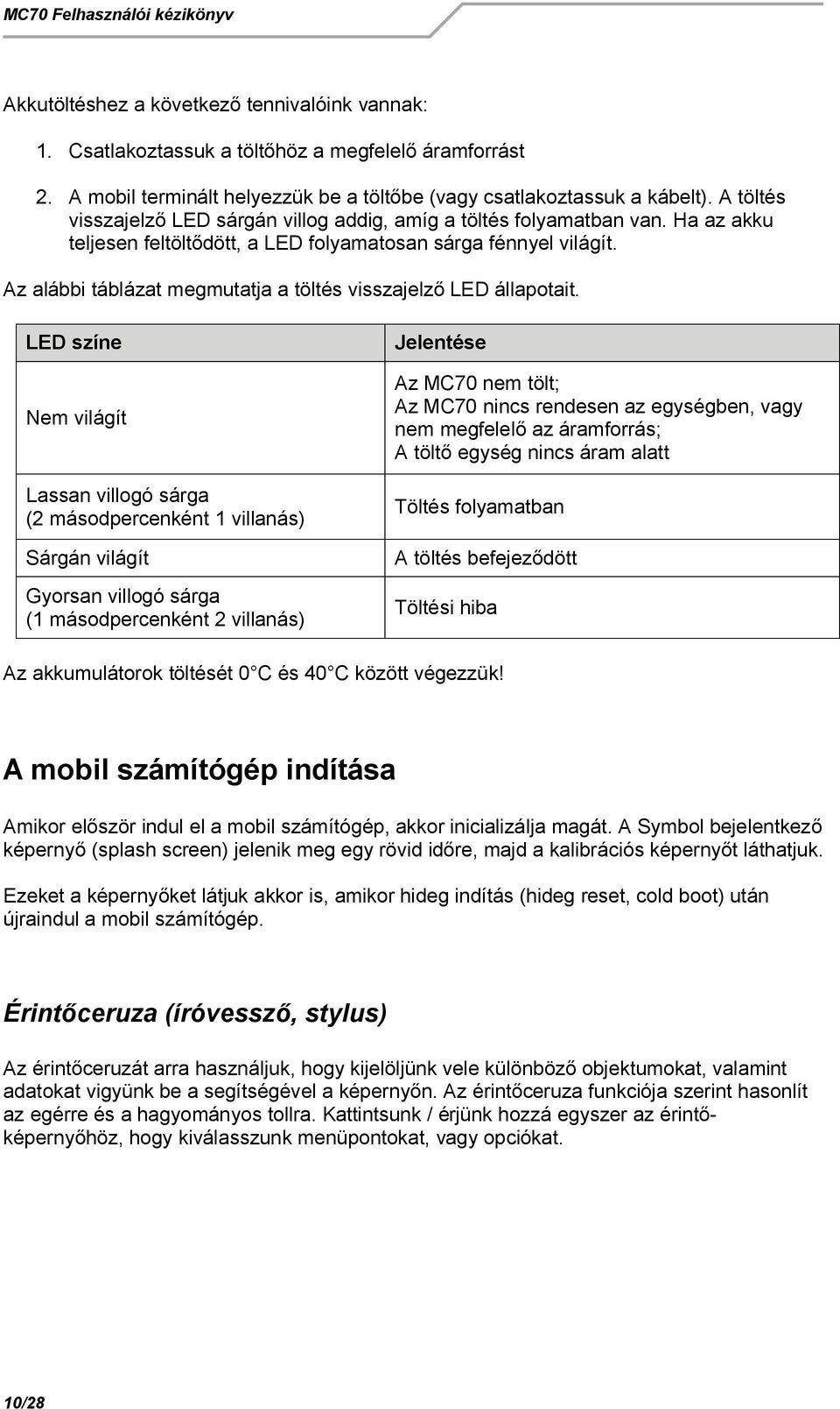 Az alábbi táblázat megmutatja a töltés visszajelz LED állapotait.