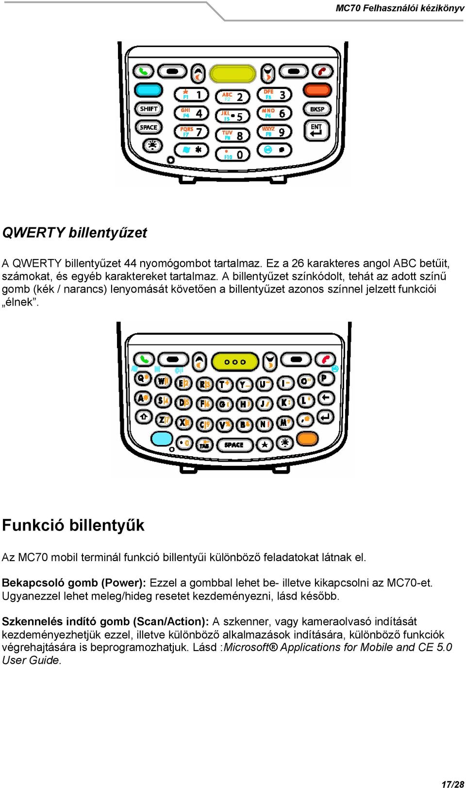 Funkció billenty k Az MC70 mobil terminál funkció billenty i különböz feladatokat látnak el. Bekapcsoló gomb (Power): Ezzel a gombbal lehet be- illetve kikapcsolni az MC70-et.