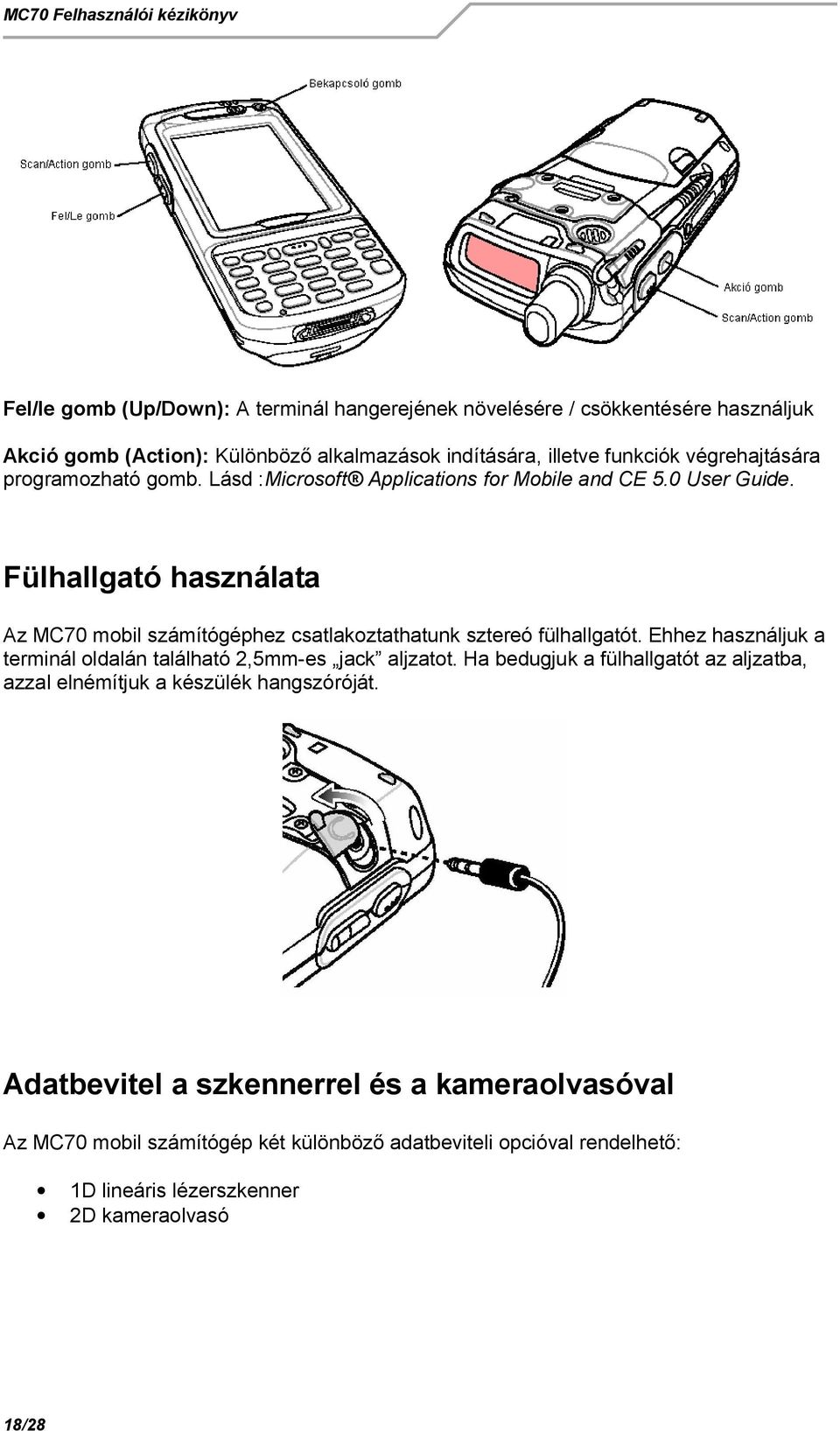 Fülhallgató használata Az MC70 mobil számítógéphez csatlakoztathatunk sztereó fülhallgatót. Ehhez használjuk a terminál oldalán található 2,5mm-es jack aljzatot.