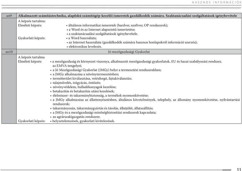 rendszerek); a Word és az Internet alapszintű ismertetése; a szaktanácsadási szolgáltatások igénybevétele.