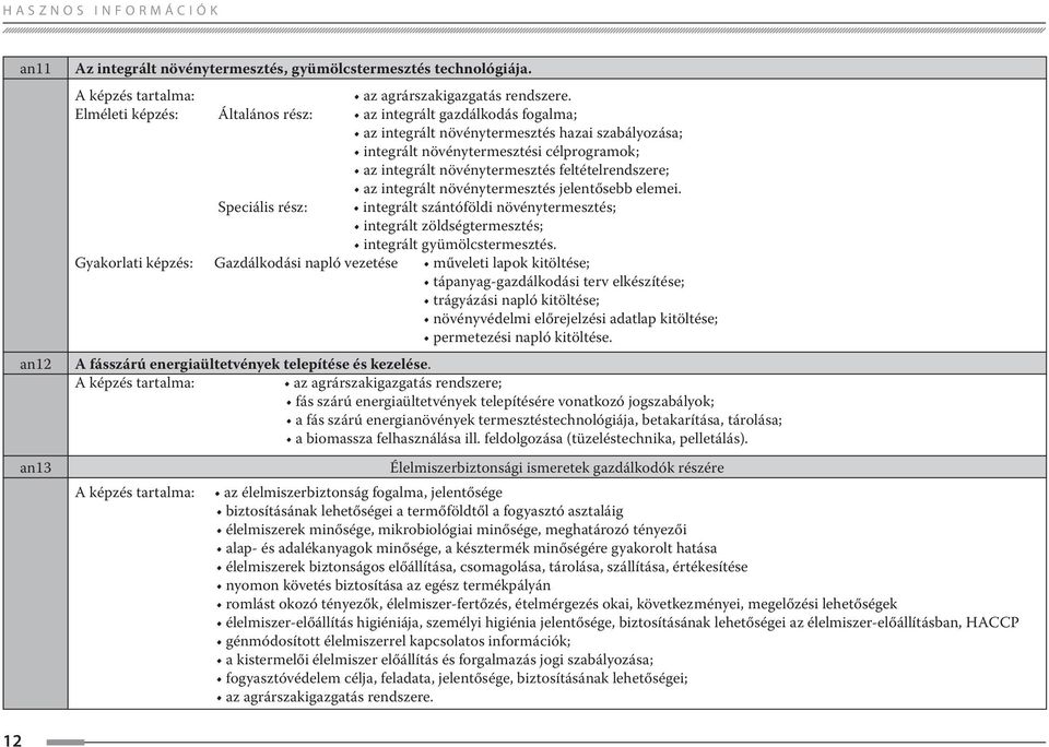 feltételrendszere; az integrált növénytermesztés jelentősebb elemei. Speciális rész: integrált szántóföldi növénytermesztés; integrált zöldségtermesztés; integrált gyümölcstermesztés.